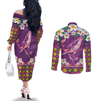 Hawaiian Plumeria and Humpback Whales Couples Matching Off The Shoulder Long Sleeve Dress and Long Sleeve Button Shirt Polynerian Art Tattoo-Mauve Color