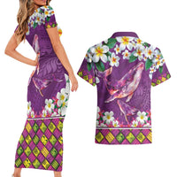 Hawaiian Plumeria and Humpback Whales Couples Matching Short Sleeve Bodycon Dress and Hawaiian Shirt Polynerian Art Tattoo-Mauve Color