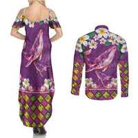 Hawaiian Plumeria and Humpback Whales Couples Matching Summer Maxi Dress and Long Sleeve Button Shirt Polynerian Art Tattoo-Mauve Color