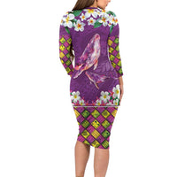 Hawaiian Plumeria and Humpback Whales Family Matching Long Sleeve Bodycon Dress and Hawaiian Shirt Polynerian Art Tattoo-Mauve Color LT03 - Polynesian Pride