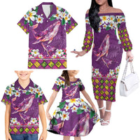 Hawaiian Plumeria and Humpback Whales Family Matching Off The Shoulder Long Sleeve Dress and Hawaiian Shirt Polynerian Art Tattoo-Mauve Color