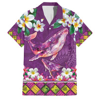 Hawaiian Plumeria and Humpback Whales Family Matching Off Shoulder Short Dress and Hawaiian Shirt Polynerian Art Tattoo-Mauve Color