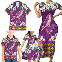 Hawaiian Plumeria and Humpback Whales Family Matching Short Sleeve Bodycon Dress and Hawaiian Shirt Polynerian Art Tattoo-Mauve Color LT03 - Polynesian Pride
