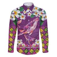 Hawaiian Plumeria and Humpback Whales Family Matching Short Sleeve Bodycon Dress and Hawaiian Shirt Polynerian Art Tattoo-Mauve Color LT03 Dad's Shirt - Long Sleeve Purple - Polynesian Pride