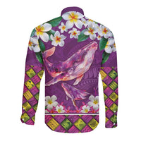 Hawaiian Plumeria and Humpback Whales Long Sleeve Button Shirt Polynerian Art Tattoo-Mauve Color