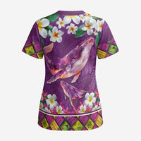 Hawaiian Plumeria and Humpback Whales Scrub Top Polynerian Art Tattoo-Mauve Color LT03 - Polynesian Pride
