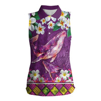 Hawaiian Plumeria and Humpback Whales Women Sleeveless Polo Shirt Polynerian Art Tattoo-Mauve Color LT03 Female Purple - Polynesian Pride