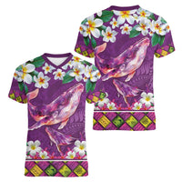 Hawaiian Plumeria and Humpback Whales Women V-Neck T-Shirt Polynerian Art Tattoo-Mauve Color LT03 - Polynesian Pride