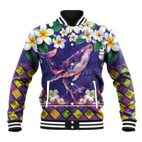 Hawaiian Plumeria and Humpback Whales Baseball Jacket Polynerian Art Tattoo-Navy Color