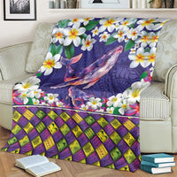 Hawaiian Plumeria and Humpback Whales Blanket Polynerian Art Tattoo-Navy Color