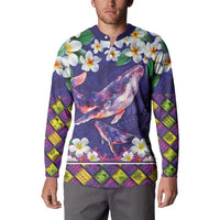 Hawaiian Plumeria and Humpback Whales Button Sweatshirt Polynerian Art Tattoo-Navy Color