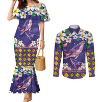 Hawaiian Plumeria and Humpback Whales Couples Matching Mermaid Dress and Long Sleeve Button Shirt Polynerian Art Tattoo-Navy Color LT03 Navy - Polynesian Pride