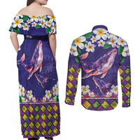 Hawaiian Plumeria and Humpback Whales Couples Matching Off Shoulder Maxi Dress and Long Sleeve Button Shirt Polynerian Art Tattoo-Navy Color LT03 - Polynesian Pride