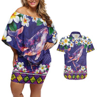 Hawaiian Plumeria and Humpback Whales Couples Matching Off Shoulder Short Dress and Hawaiian Shirt Polynerian Art Tattoo-Navy Color