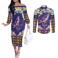 Hawaiian Plumeria and Humpback Whales Couples Matching Off The Shoulder Long Sleeve Dress and Long Sleeve Button Shirt Polynerian Art Tattoo-Navy Color LT03 Navy - Polynesian Pride