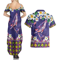 Hawaiian Plumeria and Humpback Whales Couples Matching Summer Maxi Dress and Hawaiian Shirt Polynerian Art Tattoo-Navy Color LT03 - Polynesian Pride
