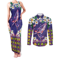 Hawaiian Plumeria and Humpback Whales Couples Matching Tank Maxi Dress and Long Sleeve Button Shirt Polynerian Art Tattoo-Navy Color LT03 Navy - Polynesian Pride