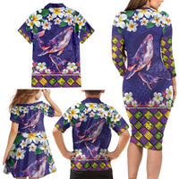 Hawaiian Plumeria and Humpback Whales Family Matching Long Sleeve Bodycon Dress and Hawaiian Shirt Polynerian Art Tattoo-Navy Color LT03 - Polynesian Pride
