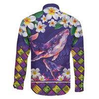 Hawaiian Plumeria and Humpback Whales Family Matching Off The Shoulder Long Sleeve Dress and Hawaiian Shirt Polynerian Art Tattoo-Navy Color LT03 - Polynesian Pride