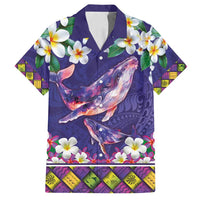 Hawaiian Plumeria and Humpback Whales Family Matching Off Shoulder Maxi Dress and Hawaiian Shirt Polynerian Art Tattoo-Navy Color LT03 Dad's Shirt - Short Sleeve Navy - Polynesian Pride