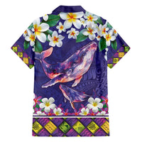 Hawaiian Plumeria and Humpback Whales Family Matching Tank Maxi Dress and Hawaiian Shirt Polynerian Art Tattoo-Navy Color