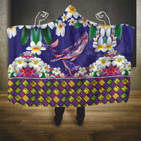 Hawaiian Plumeria and Humpback Whales Hooded Blanket Polynerian Art Tattoo-Navy Color