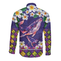 Hawaiian Plumeria and Humpback Whales Long Sleeve Button Shirt Polynerian Art Tattoo-Navy Color LT03 - Polynesian Pride