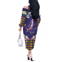Hawaiian Plumeria and Humpback Whales Off The Shoulder Long Sleeve Dress Polynerian Art Tattoo-Navy Color