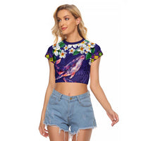 Hawaiian Plumeria and Humpback Whales Raglan Cropped T Shirt Polynerian Art Tattoo-Navy Color