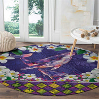 Hawaiian Plumeria and Humpback Whales Round Carpet Polynerian Art Tattoo-Navy Color