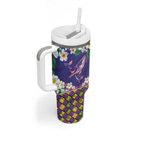 Hawaiian Plumeria and Humpback Whales Tumbler With Handle Polynerian Art Tattoo-Navy Color