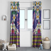Hawaiian Plumeria and Humpback Whales Window Curtain Polynerian Art Tattoo-Navy Color