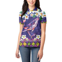 Hawaiian Plumeria and Humpback Whales Women Polo Shirt Polynerian Art Tattoo-Navy Color LT03 - Polynesian Pride