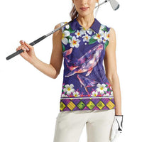 Hawaiian Plumeria and Humpback Whales Women Sleeveless Polo Shirt Polynerian Art Tattoo-Navy Color LT03 - Polynesian Pride