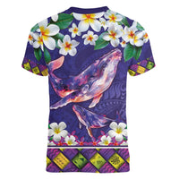 Hawaiian Plumeria and Humpback Whales Women V-Neck T-Shirt Polynerian Art Tattoo-Navy Color LT03 - Polynesian Pride