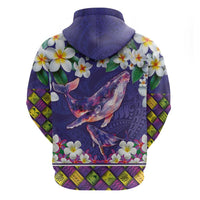 Hawaiian Plumeria and Humpback Whales Zip Hoodie Polynerian Art Tattoo-Navy Color