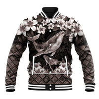 Hawaiian Plumeria and Humpback Whales Baseball Jacket Polynerian Art Tattoo-Grayscale Mode