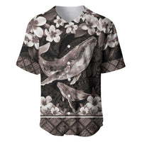 Hawaiian Plumeria and Humpback Whales Baseball Jersey Polynerian Art Tattoo-Grayscale Mode LT03 Black - Polynesian Pride