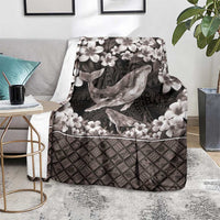 Hawaiian Plumeria and Humpback Whales Blanket Polynerian Art Tattoo-Grayscale Mode