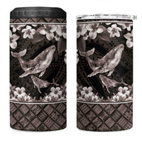 Hawaiian Plumeria and Humpback Whales 4 in 1 Can Cooler Tumbler Polynerian Art Tattoo-Grayscale Mode