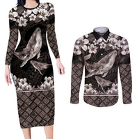 Hawaiian Plumeria and Humpback Whales Couples Matching Long Sleeve Bodycon Dress and Long Sleeve Button Shirt Polynerian Art Tattoo-Grayscale Mode LT03 Black - Polynesian Pride
