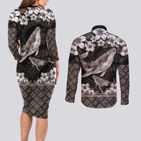 Hawaiian Plumeria and Humpback Whales Couples Matching Long Sleeve Bodycon Dress and Long Sleeve Button Shirt Polynerian Art Tattoo-Grayscale Mode LT03 - Polynesian Pride