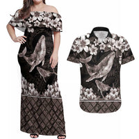 Hawaiian Plumeria and Humpback Whales Couples Matching Off Shoulder Maxi Dress and Hawaiian Shirt Polynerian Art Tattoo-Grayscale Mode LT03 Black - Polynesian Pride