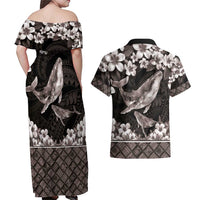 Hawaiian Plumeria and Humpback Whales Couples Matching Off Shoulder Maxi Dress and Hawaiian Shirt Polynerian Art Tattoo-Grayscale Mode LT03 - Polynesian Pride