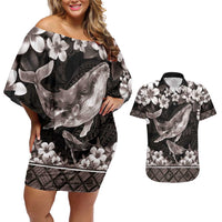 Hawaiian Plumeria and Humpback Whales Couples Matching Off Shoulder Short Dress and Hawaiian Shirt Polynerian Art Tattoo-Grayscale Mode LT03 Black - Polynesian Pride