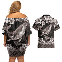 Hawaiian Plumeria and Humpback Whales Couples Matching Off Shoulder Short Dress and Hawaiian Shirt Polynerian Art Tattoo-Grayscale Mode LT03 - Polynesian Pride