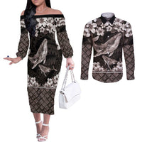 Hawaiian Plumeria and Humpback Whales Couples Matching Off The Shoulder Long Sleeve Dress and Long Sleeve Button Shirt Polynerian Art Tattoo-Grayscale Mode LT03 Black - Polynesian Pride