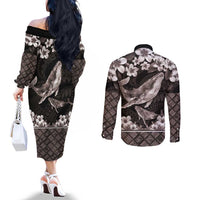 Hawaiian Plumeria and Humpback Whales Couples Matching Off The Shoulder Long Sleeve Dress and Long Sleeve Button Shirt Polynerian Art Tattoo-Grayscale Mode LT03 - Polynesian Pride