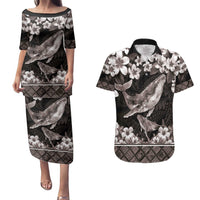 Hawaiian Plumeria and Humpback Whales Couples Matching Puletasi and Hawaiian Shirt Polynerian Art Tattoo-Grayscale Mode