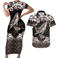 Hawaiian Plumeria and Humpback Whales Couples Matching Short Sleeve Bodycon Dress and Hawaiian Shirt Polynerian Art Tattoo-Grayscale Mode
